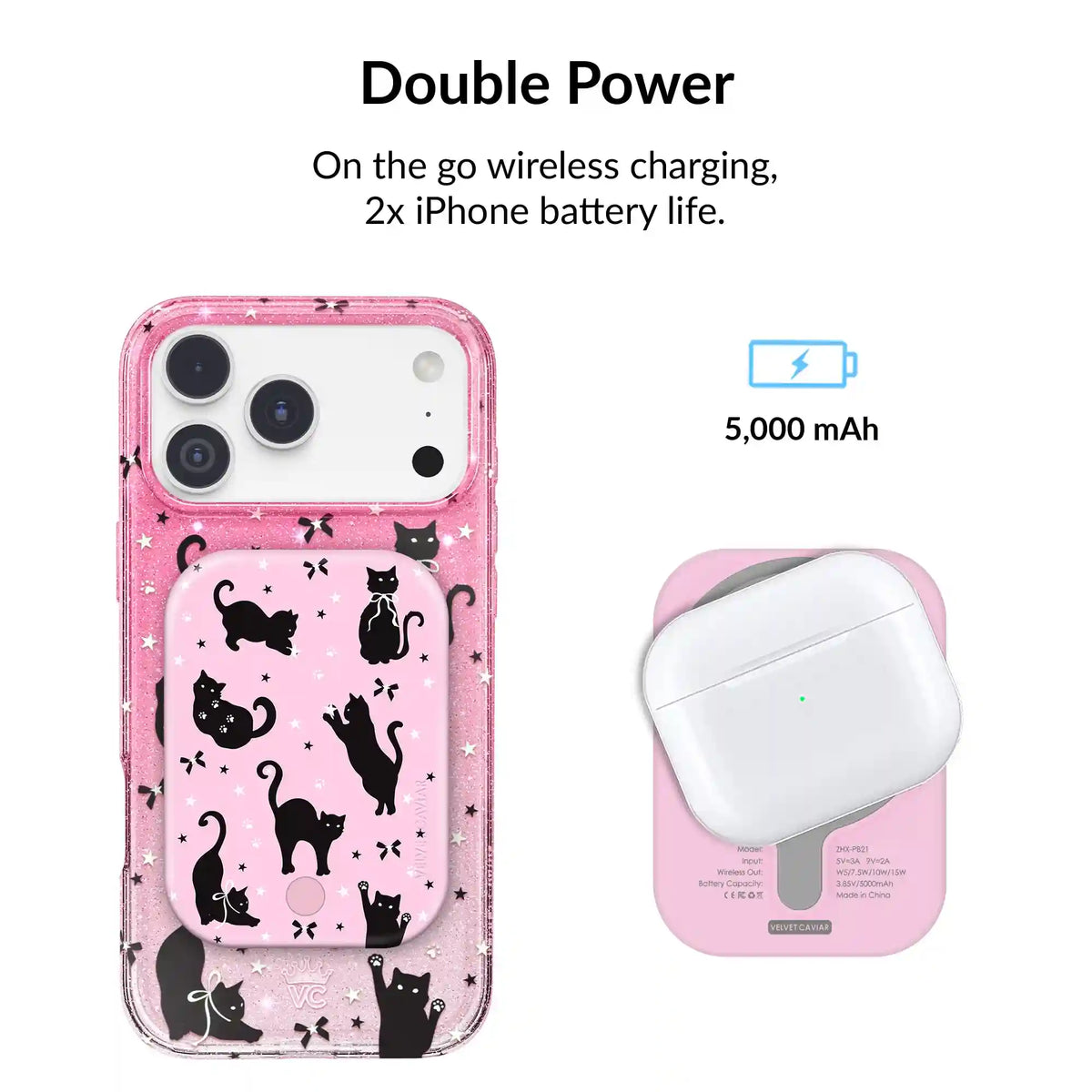 Lucky Kittens Glitter Portable MagSafe Charger Power Pack